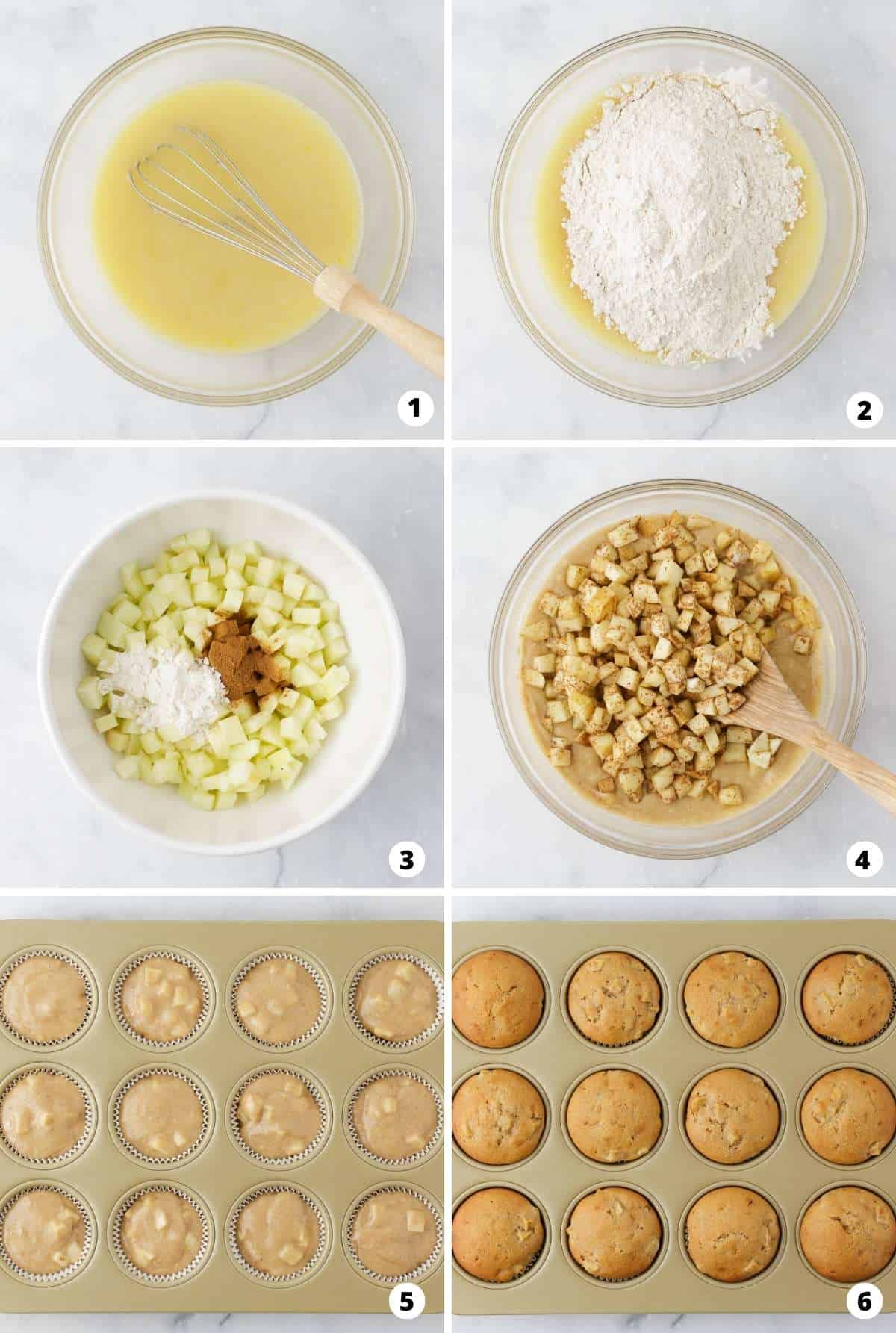 Showing how to make apple muffins in a 6 step collage. 