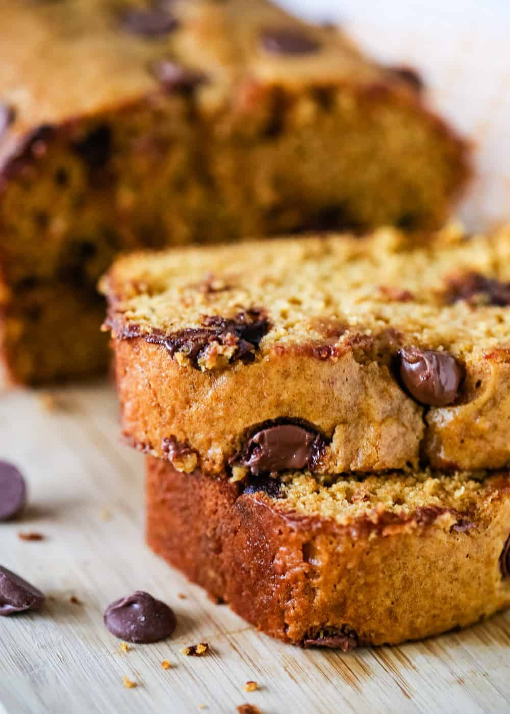 Sliced pumpkin chocolate chip bread.