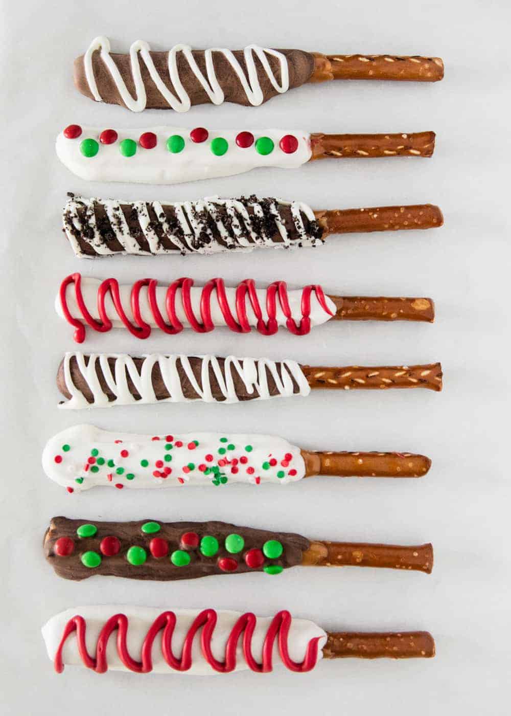 Christmas decorated pretzel rods.