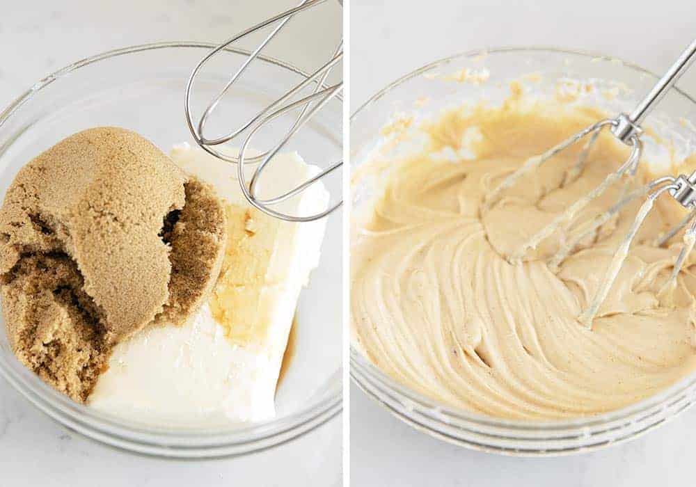 Making caramel dip in a glass bowl with an electric mixer.