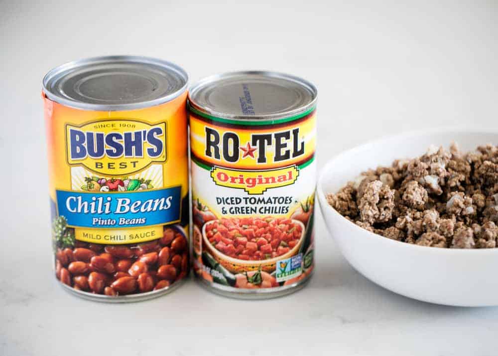 Chili cans and hamburger meat.