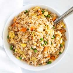 fried rice in white bowl with spoon