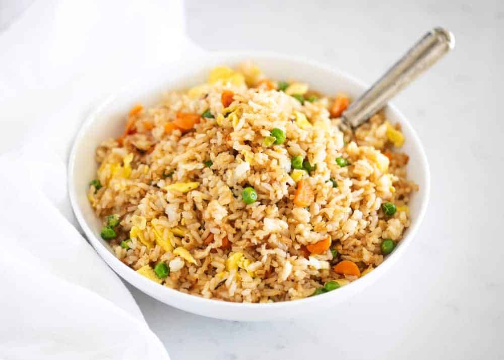 Fried rice in white bowl.
