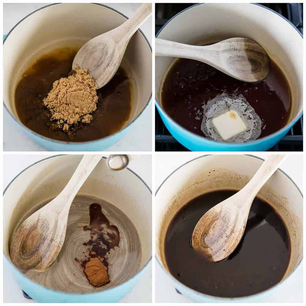 Making pancake syrup in a blue pot with a wooden spoon.