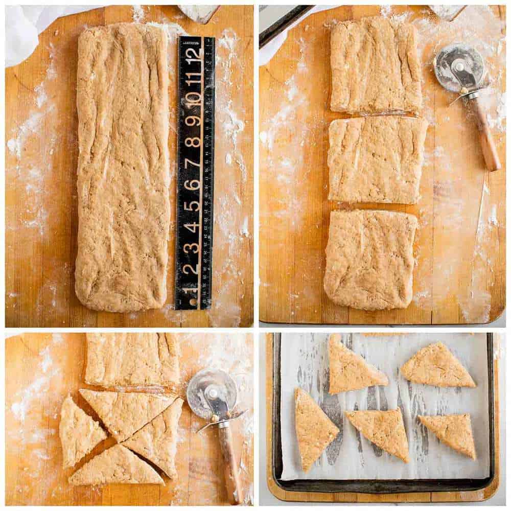 cutting dough into triangles for pumpkin scones 