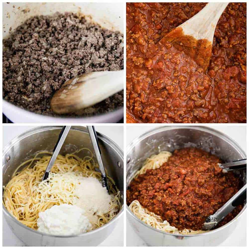 Collage showing how to make baked spaghetti.