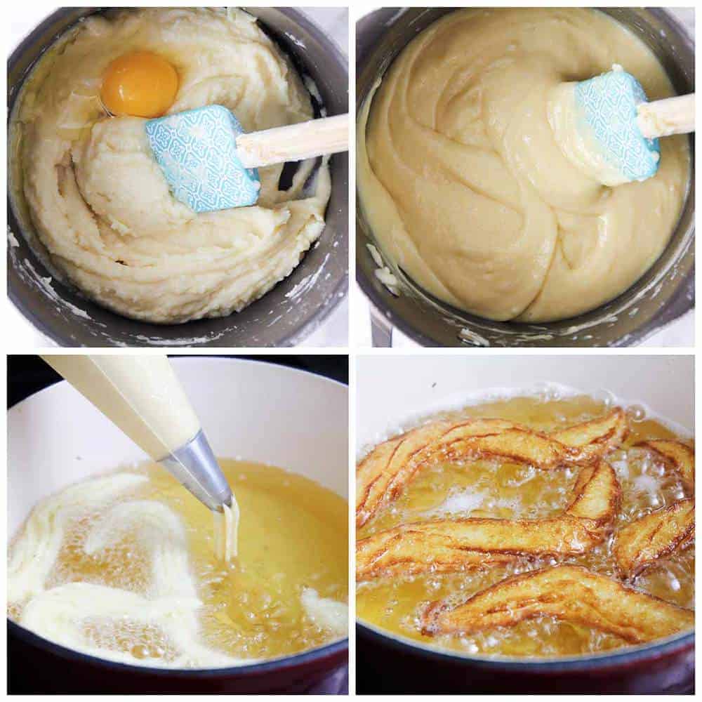 Collage showing how to make churros in a pan on the stove.