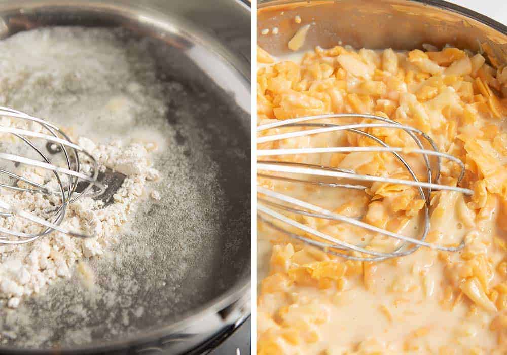 Whisking together a roux then cheese mixture for mac and cheese balls.