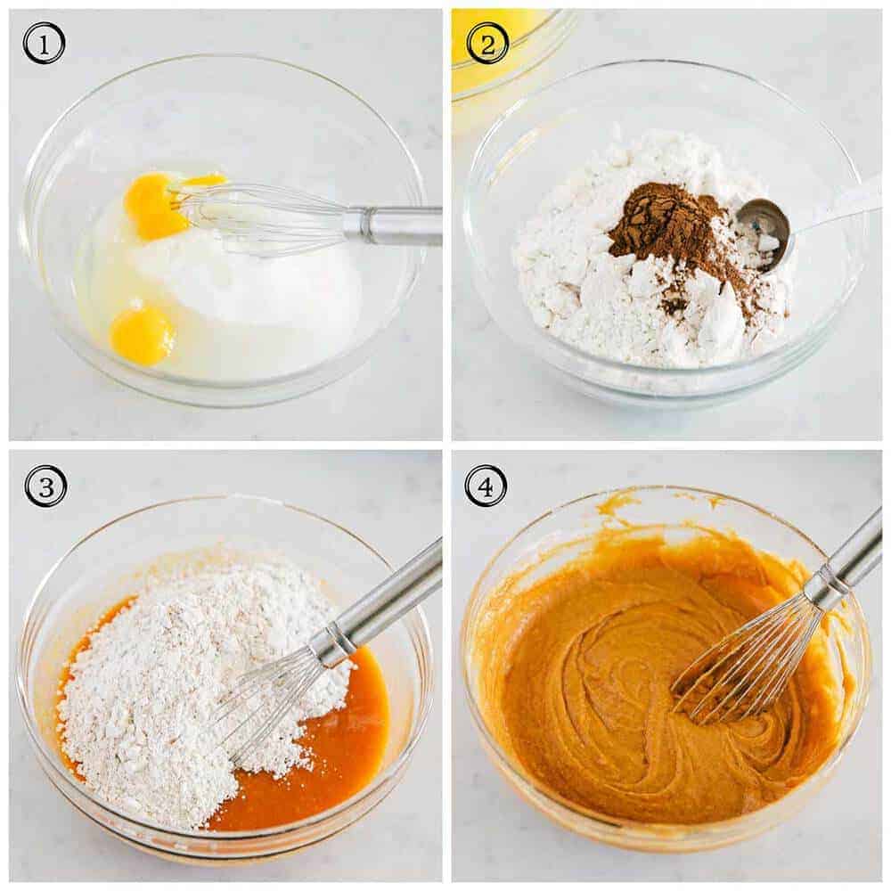 Stirring pumpkin bread batter in glass bowl.