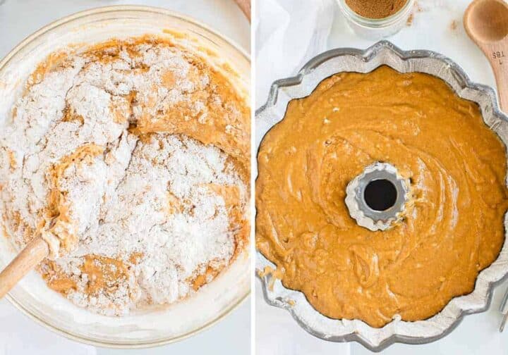 Soft and moist pumpkin bundt cake topped with a rich cream cheese frosting. This easy and delicious cake makes a great fall dessert! mixing together batter for pumpkin bundt cake