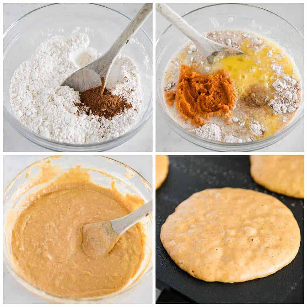 Making batter for pumpkin pancakes in glass bowl.