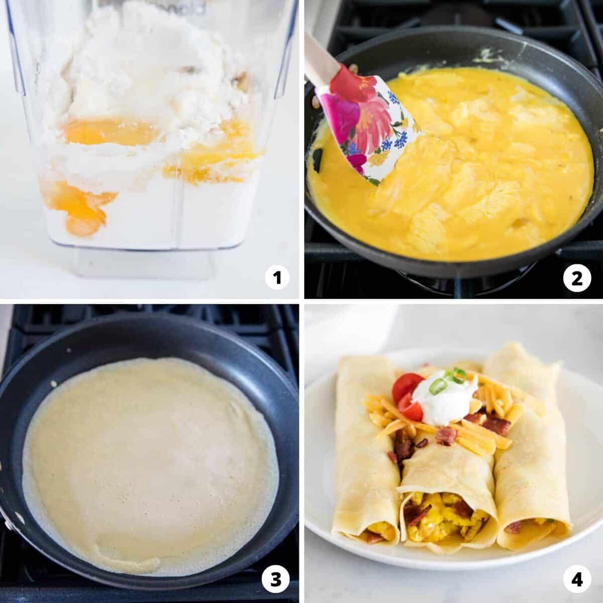 A step by step photo collage of how to make savory crepes.