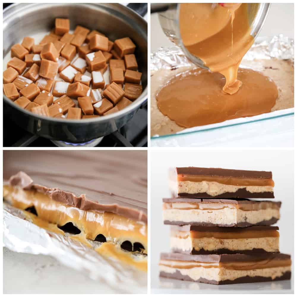 Collage showing how to make snickers bars at home.