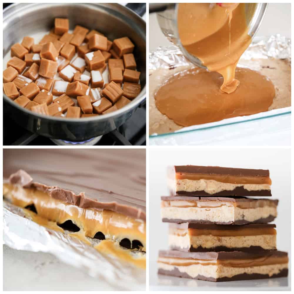 Collage showing how to make snickers.