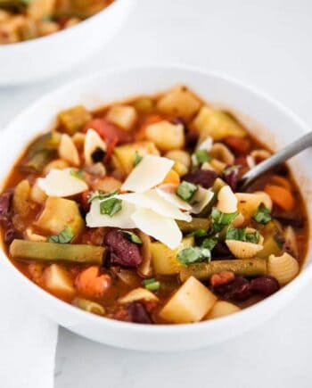 minestrone soup in a white bowl