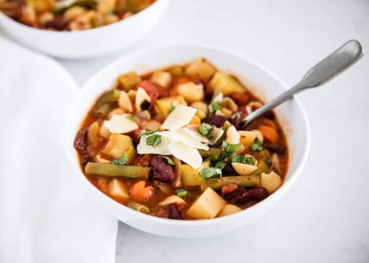 minestrone soup in a white bowl