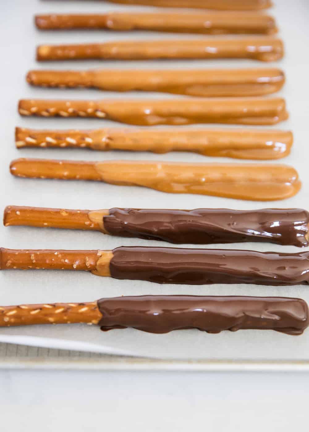 caramel and chocolate dipped pretzel rods