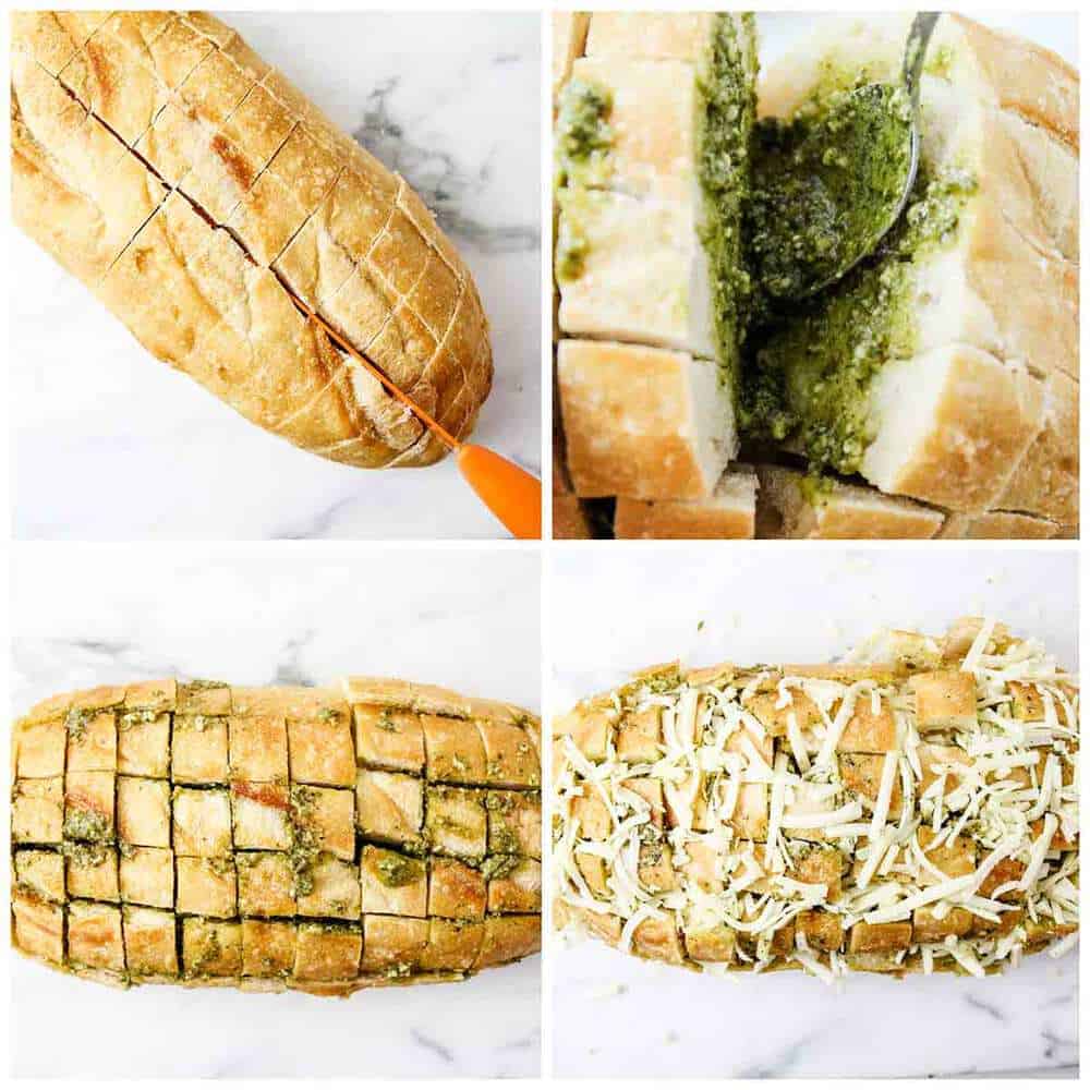 Collage showing how to make cheesy pesto bread.