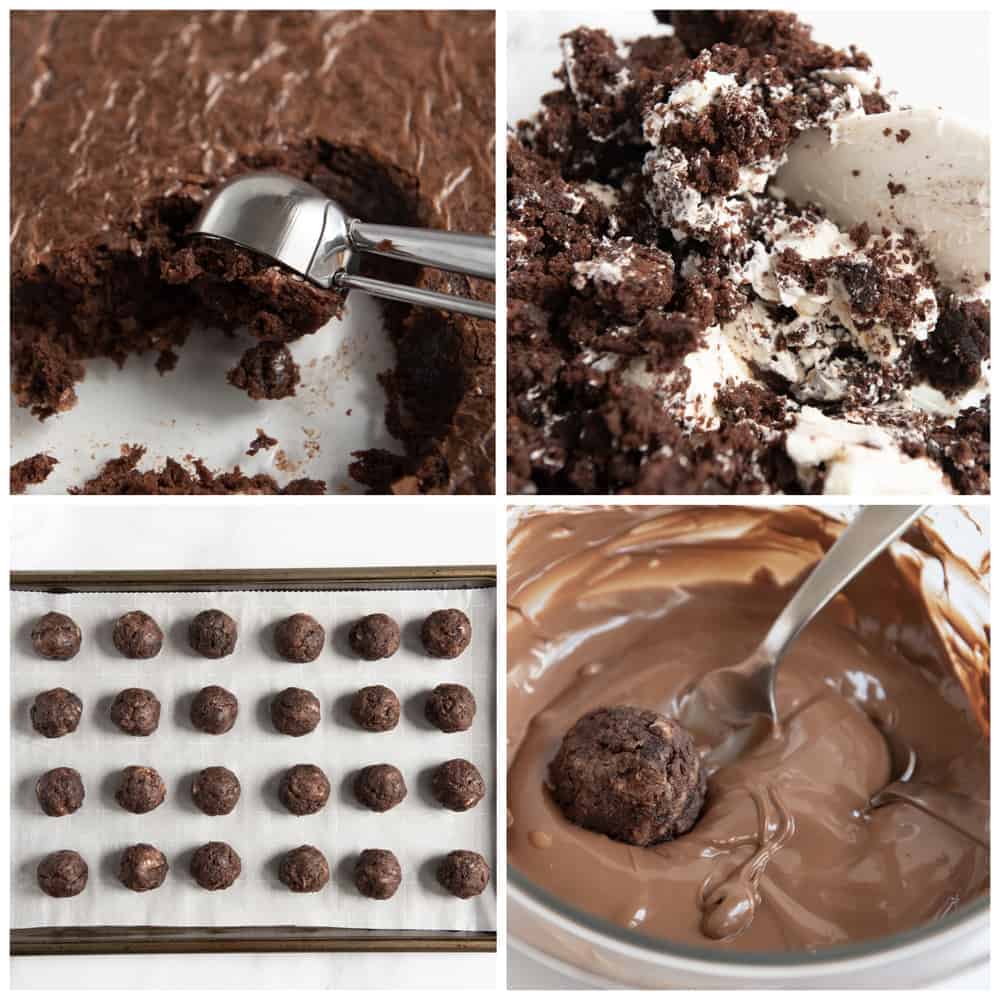 Step by step collage showing how to make brownie truffles.