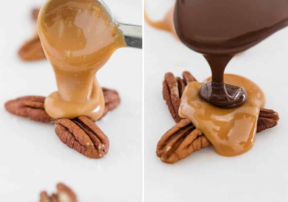 Caramel and chocolate being poured over pecans.