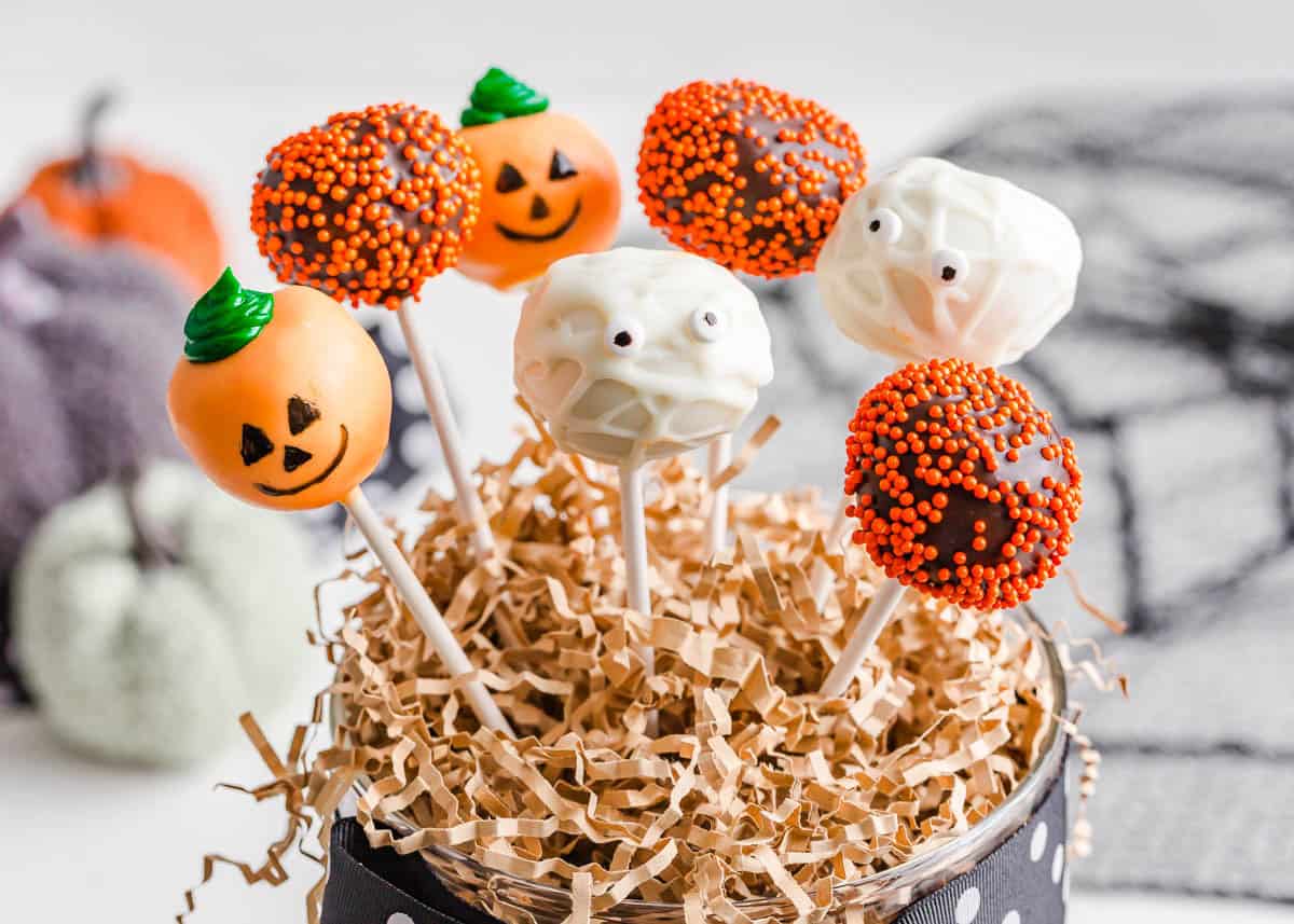 Halloween cake pops served as an easy Halloween dessert in upright tin.