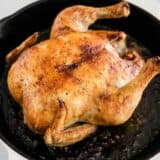 whole roasted chicken in a cast iron pan