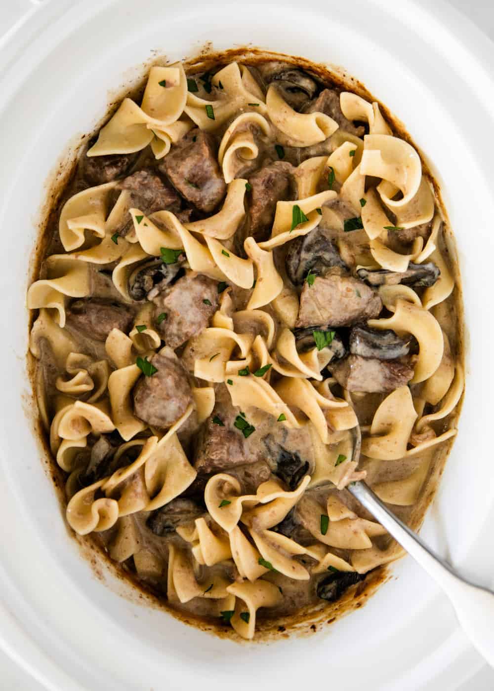 Beef stroganoff in the slow cooker with egg noodles.