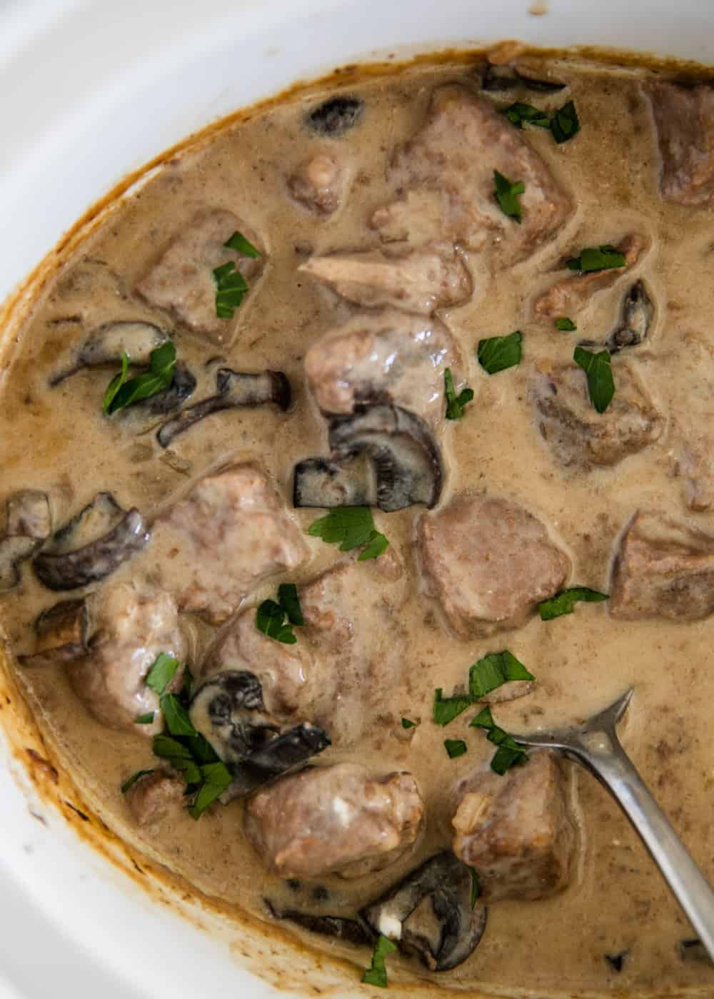 Beef stroganoff in the crockpot with a spoon.