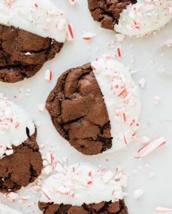 chocolate peppermint cookie dipped in white chocolate with crushed peppermint