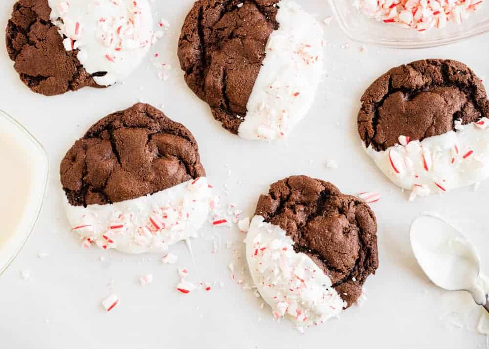 Chocolate peppermint cookies on a white table. 