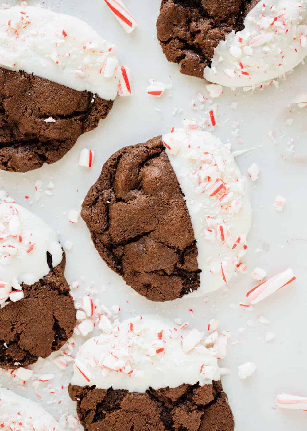 Chocolate peppermint cookie dipped in white chocolate with crushed peppermint.