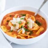 tomato tortellini soup in a bowl