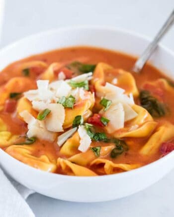 tomato tortellini soup in a bowl