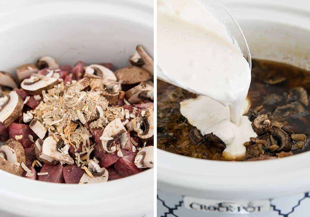 Adding beef stroganoff sauce ingredients to crockpot.