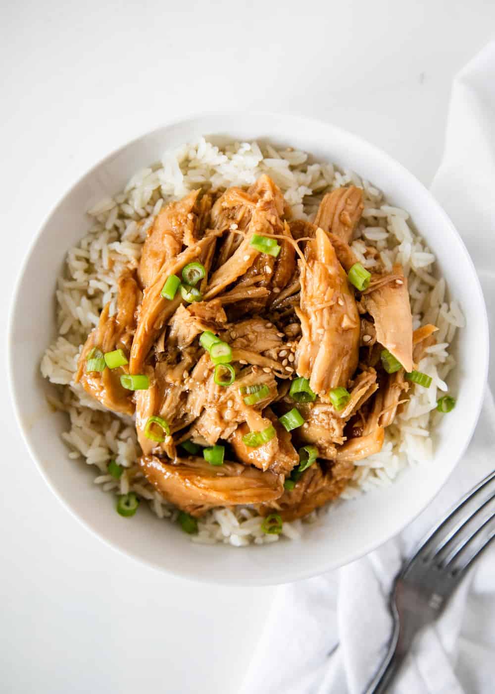 Teriyaki chicken with rice and green onions.