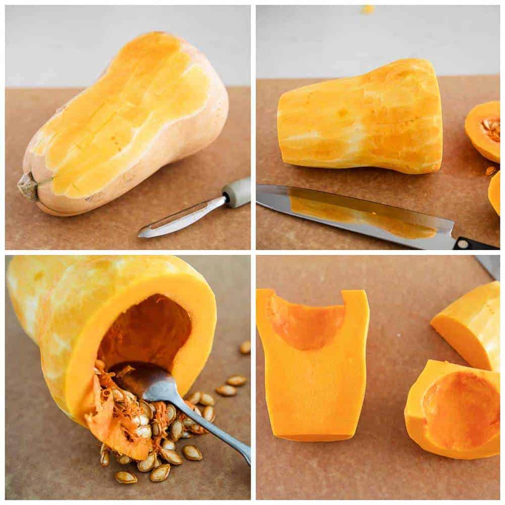 Collage showing steps for cutting butternut squash.