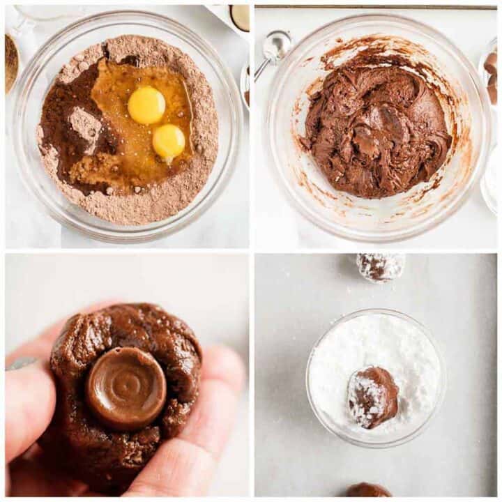 collage showing how to make rolo cookies 