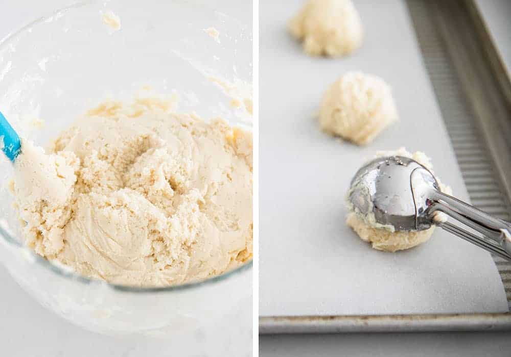 dropping ricotta cookie dough onto a baking sheet using a cookie scoop 
