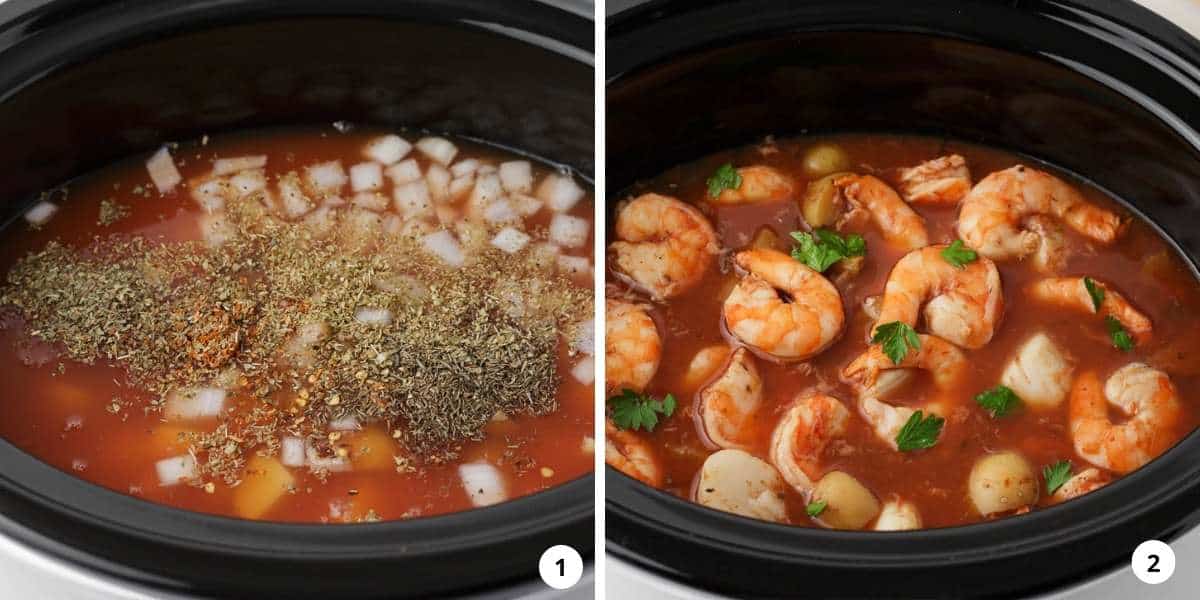 Showing how to make seafood stew in a 2 step collage.