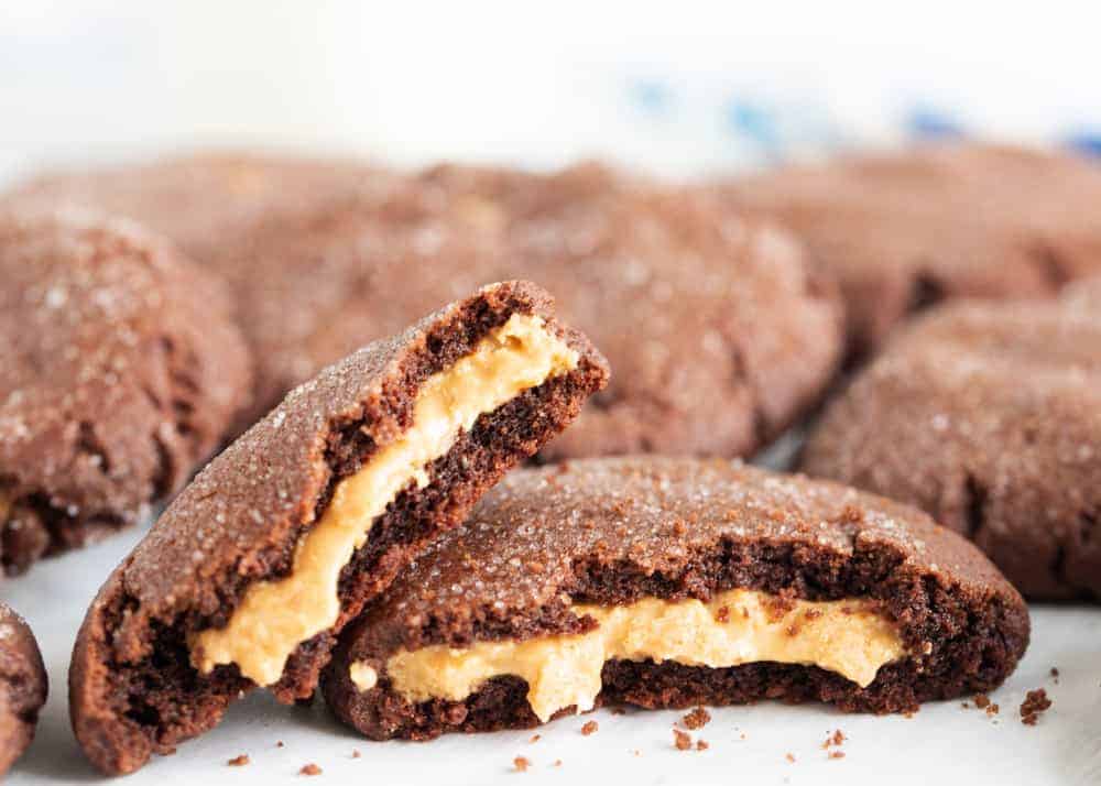 Peanut butter filled chocolate cookies.