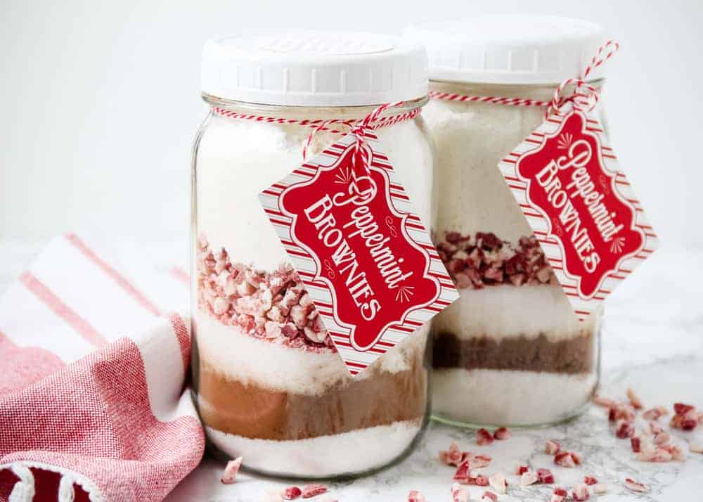 Peppermint brownie mix in a jar.