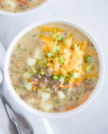 cheeseburger soup in white bowl