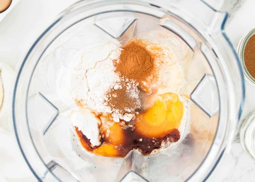 This easy eggnog french toast is the perfect recipe for your Christmas morning or holiday brunch! It's golden, rich and full of delicious eggnog flavor. Ingredients for eggnog mixture in blender.