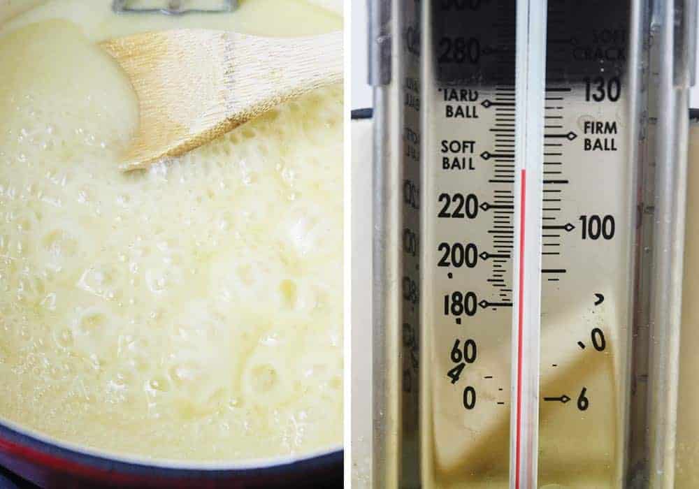 Checking eggnog fudge temperature on a candy thermometer.