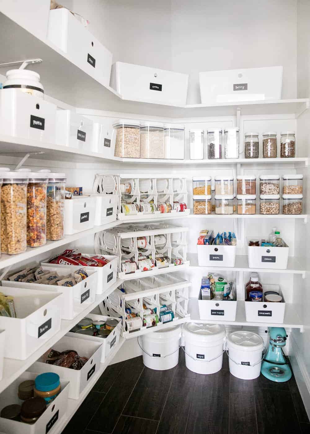 Organized pantry shelves.