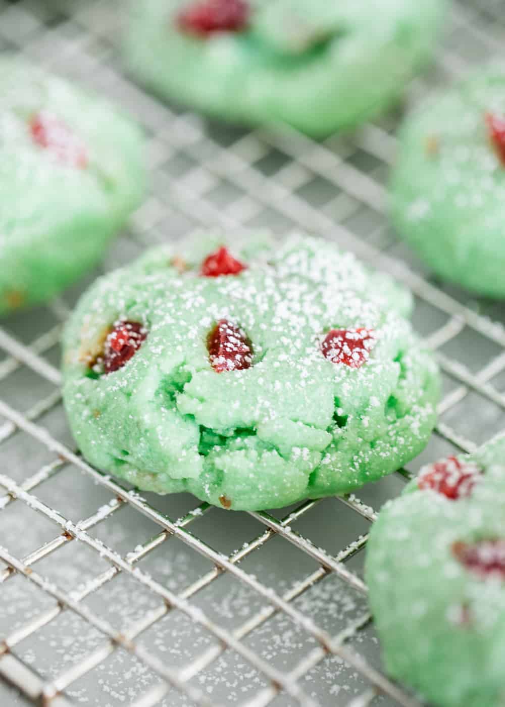 A close up of a green pistachio cookie 