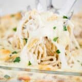 turkey tetrazzini being scooped out of dish