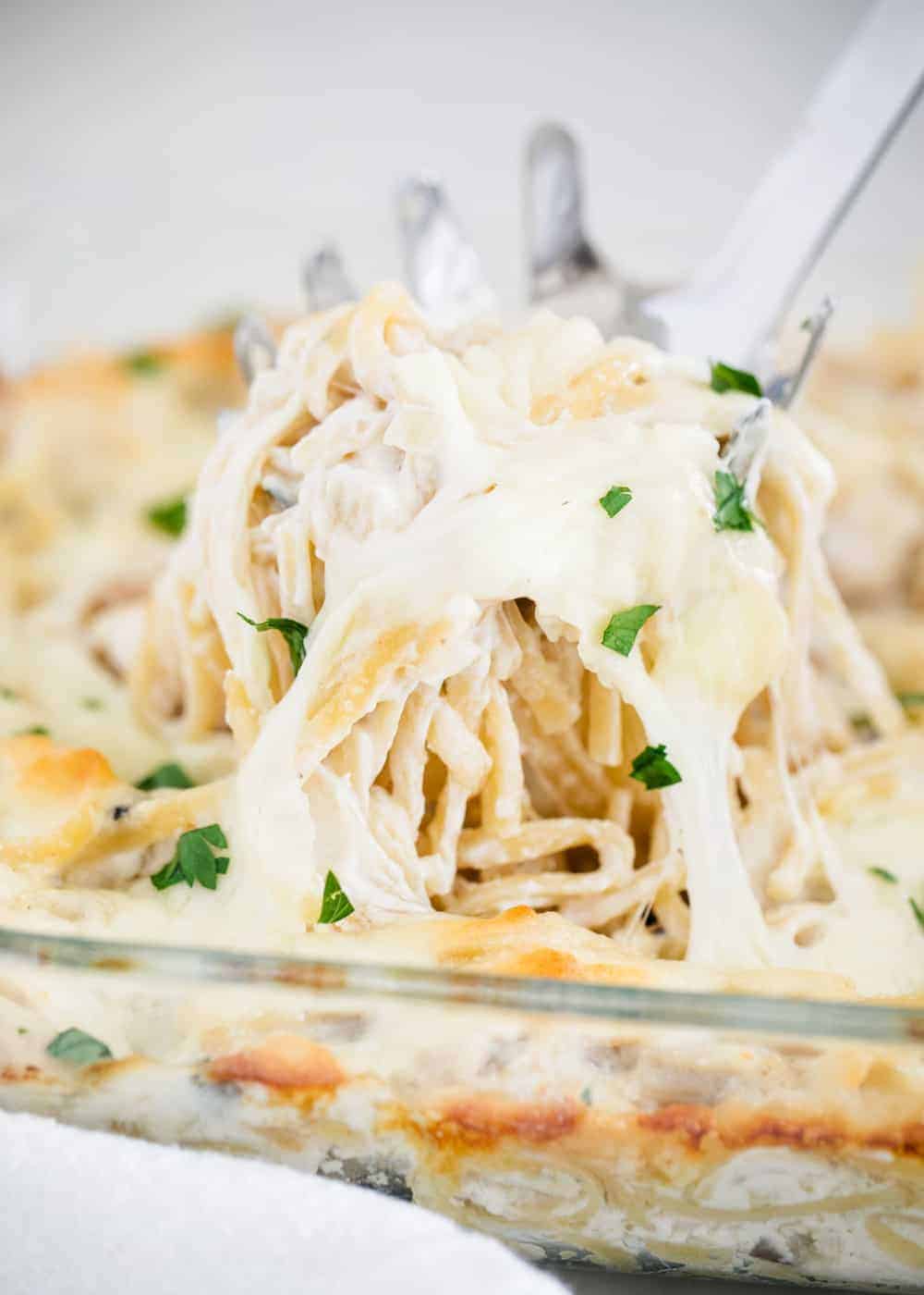 leftover turkey tetrazzini being scooped out of dish