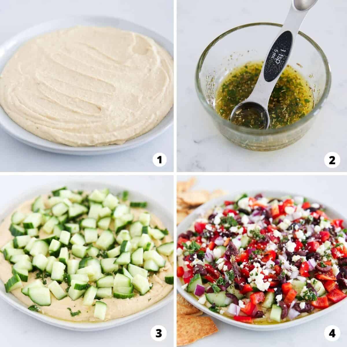 Step by step collage showing how to make a Greek dip.