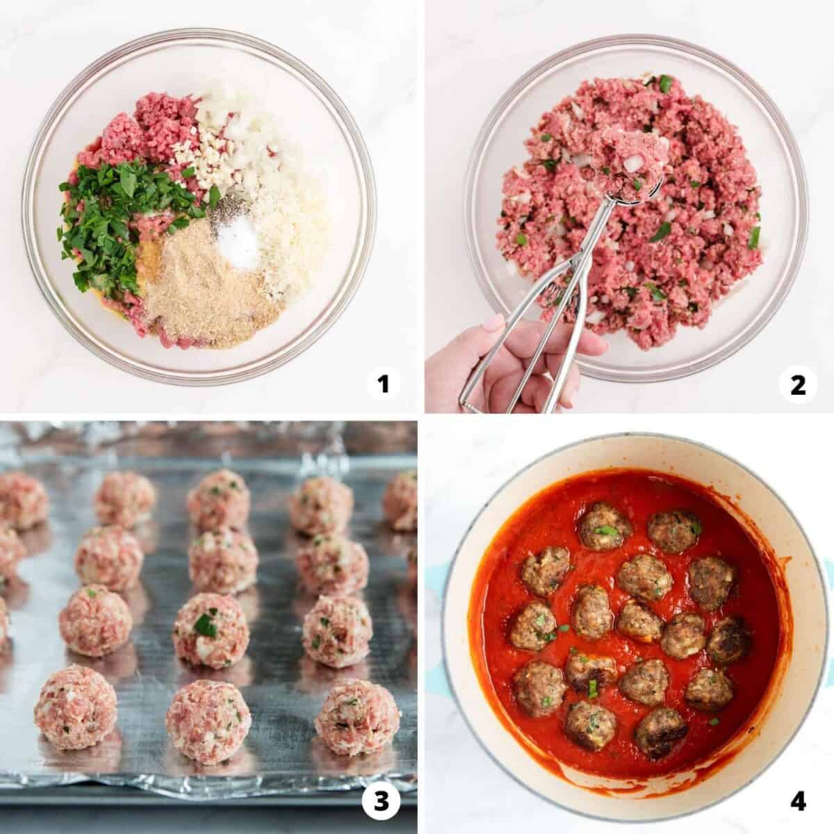 The process of making homemade meatballs in a 4 step collage.